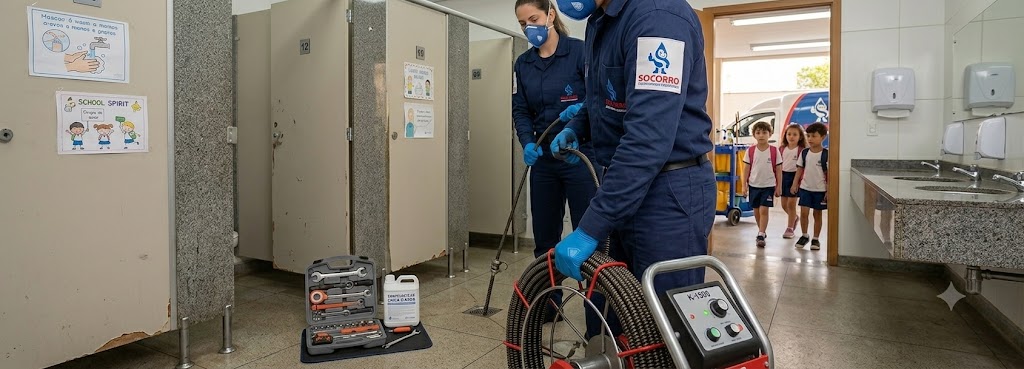 Profissional realizando Desentupimento e Manutenção Preventiva para Escolas, Colégios e Creches em Garopaba